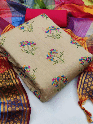 Cotton Dress Material Beige, Floral Embroidery, Casual Wear