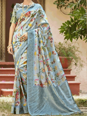 Digital Printed Silk Saree With Zari Worked Motifs Icy Blue Coloured
