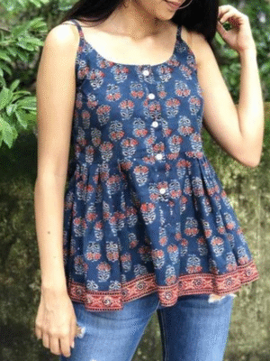 Floral print Blue Cotton Short Top