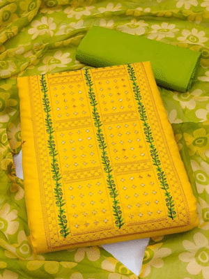 Trendy Yellow Cotton Dress Material with Embroidery Work for Casual Wear