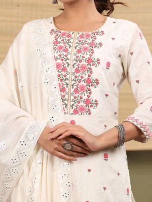 White Cotton Embroidered Kurti Set With Mirror Dupatta