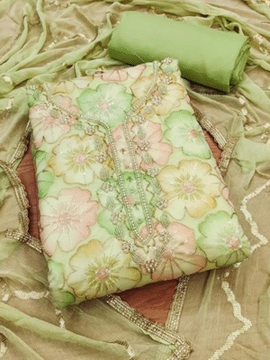 Women's Organza Position Print and Hand Work Dress Material