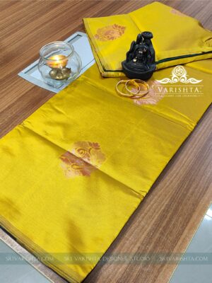 Semi silk Mustured Yellow saree with copper buttas