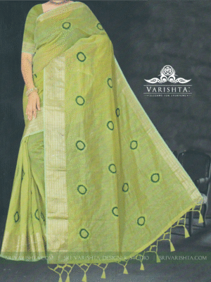 Chanderi cotton embroidery green saree with zari border