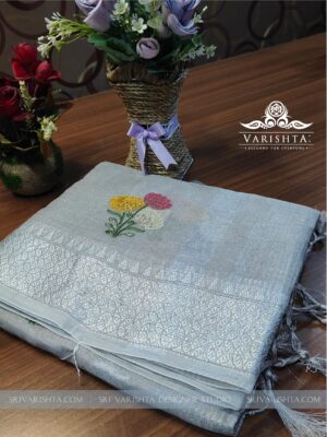 Flower Embroidery with Silver Zari border Chanderi Cotton Blend Saree