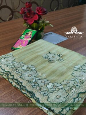 Floral embroidery Jimmy choo pista green saree with Scallop Border