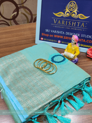 Chanderi cotton embroidery Sea Green saree with zari border