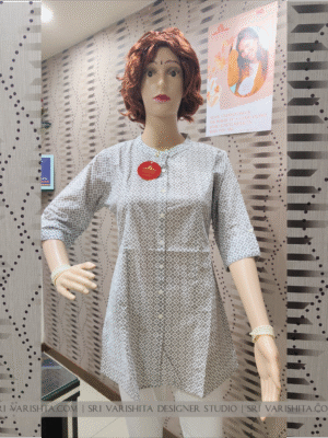 Charcoal Grey & White Geometric Printed Cotton Kurti