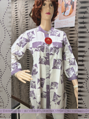 White & Lavender Abstract Printed Cotton Kurti