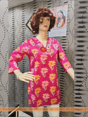 Vibrant Hot Pink Floral Printed Cotton Kurti