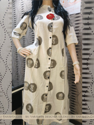 Beige Printed Cotton A-Line Kurti with Artistic Floral pattern