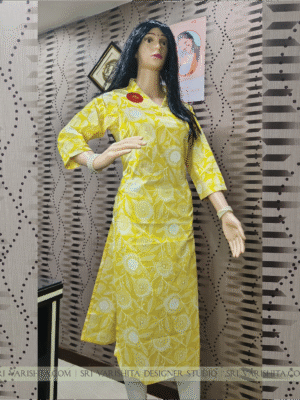 Bright Yelow Floral Printed Stright Kurti