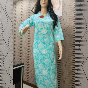 Aqua Blue Floral Printed Stright Kurti  