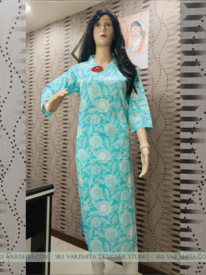 Aqua Blue Floral Printed Stright Kurti