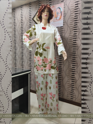 Off-White Pink Olive Green Floral Print Cotton Co-ord Set