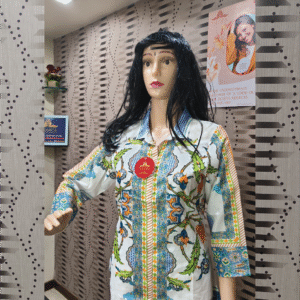 White Multicolor Printed Cotton Co-ord Set with Shirt Collar & Straight Pant