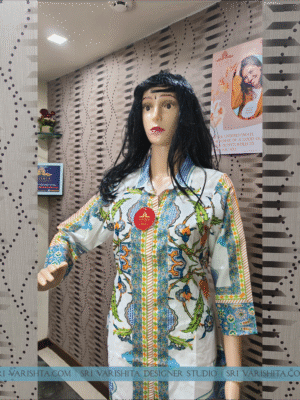 White Multicolor Printed Cotton Co-ord Set with Shirt Collar & Straight Pant