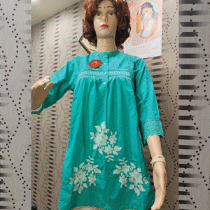 Teal Blue Short Cotton Kurti with White Embroidery