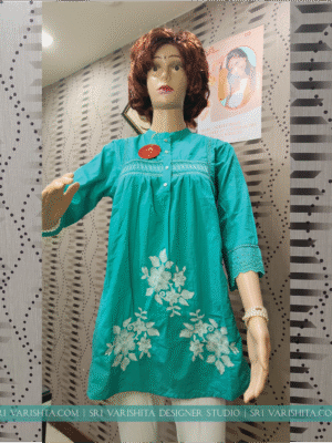 Teal Green Short Cotton Kurti with White Embroidery