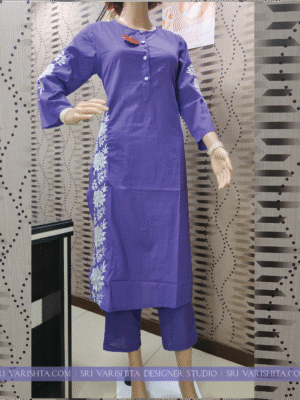 Royal Purple Cotton Kurti Set with White Floral Embroidery
