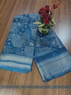 Dola silk Dark Teal Blue saree with digital print | Zari border