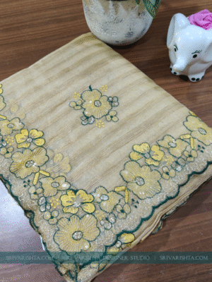 Floral embroidery Jimmy choo Golden Beige saree with Scallop Border