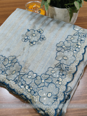Floral embroidery Jimmy choo Sliver Grey saree with Scallop Border
