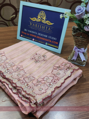 Floral embroidery Jimmy choo Dusty Rose saree with Scallop Border