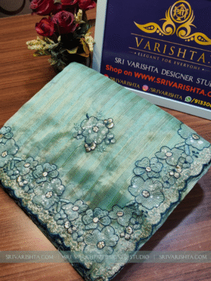 Floral embroidery Jimmy choo Aqua Green saree with Scallop Border